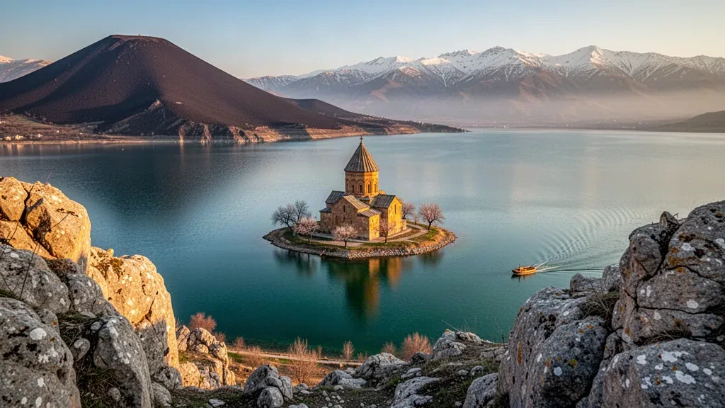 Iglesia histórica de la Santa Cruz en la isla de Akdamar, en el lago Van, Turquía, con montañas nevadas bajo la luz de la hora dorada