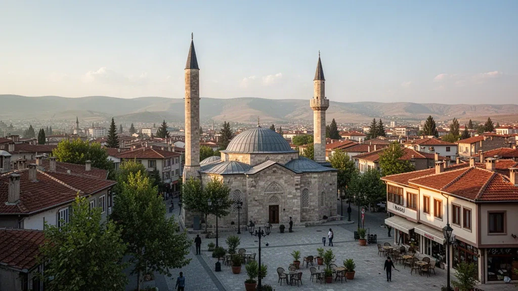 Uşak, Türkiye üzerinde altın saat manzarası; tarihi Ulu Cami minaresi, kiremit çatılar ve puslu Anadolu tepelerinin üzerinde yükseliyor
