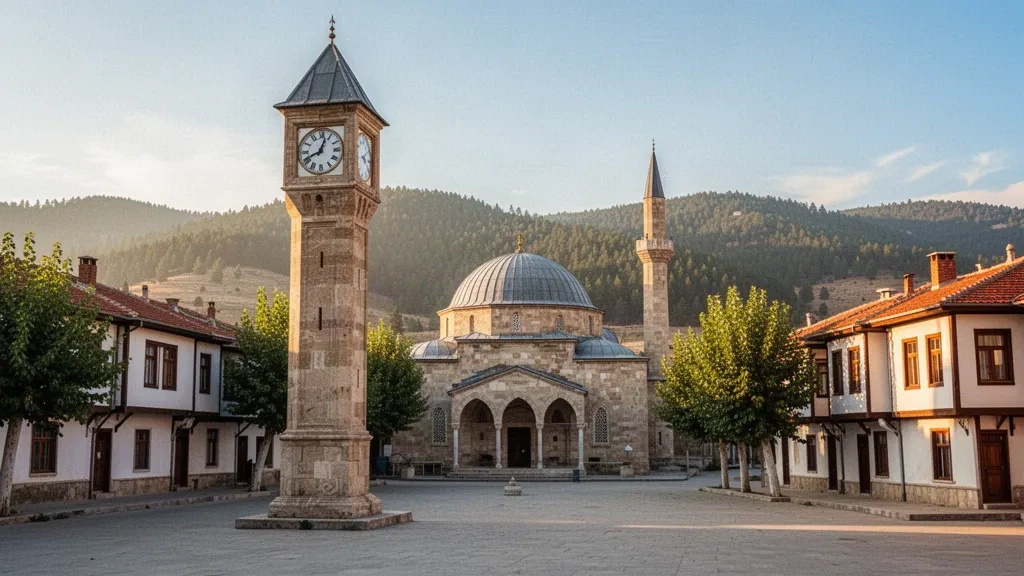 İç Anadolu'da çam kaplı tepelerin altında tarihi Osmanlı saat kulesi ve kubbeli cami ile Yozgat şehir merkezi
