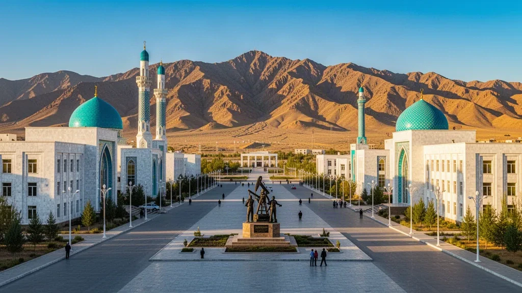 Panoramic view of Balkanabat, Turkmenistan, with white marble buildings, a blue-domed mosque, and the Great Balkhan Mountains in the background.