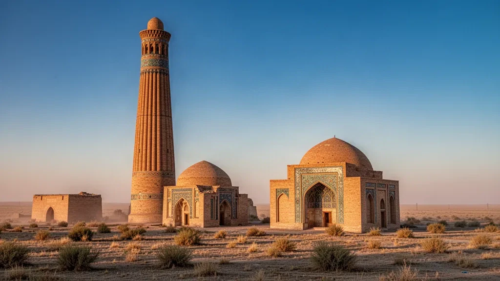 Türkmenistan, Daşoguz yakınlarındaki Konye-Urgenç'in Kutlug Timur Minaresi ve antik tuğla türbeleri, altın saat bozkır ışığı altında