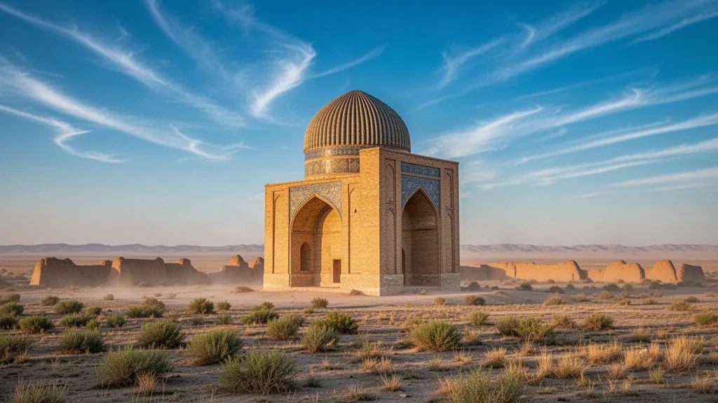La cupola in mattoni scanalata del Mausoleo del Sultano Sanjar che si erge sulla pianura desertica nell'antica Merv vicino a Mary, Turkmenistan, nella calda luce del pomeriggio
