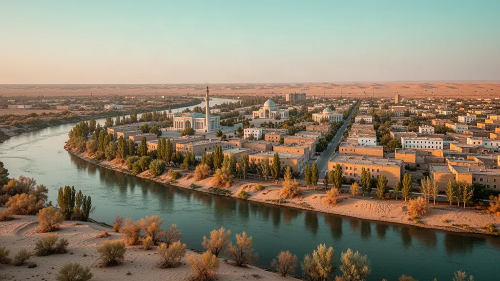 Vue à l'heure dorée sur Türkmenabat, capitale de la province de Lebap au Turkménistan, avec le fleuve Amou-Daria et une ligne d'horizon urbaine basse en milieu désertique