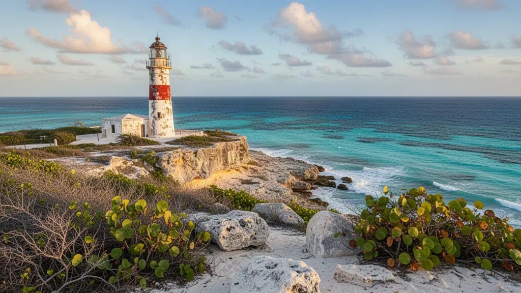 Grand Turk Lighthouse on a limestone bluff above turquoise Caribbean waters in the Turks and Caicos Islands at golden hour