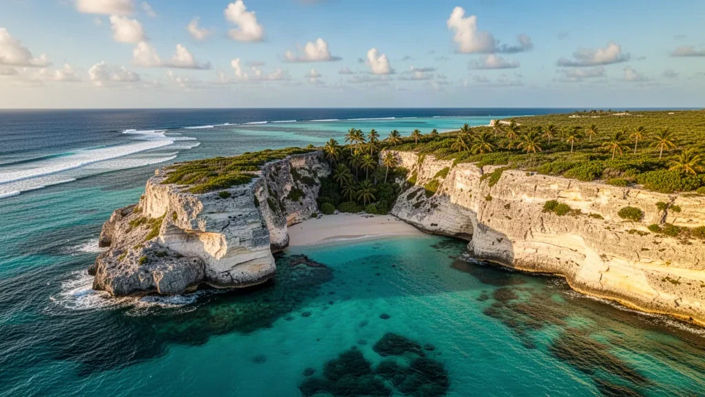 Türkisfarbene Wellen und Kalksteinklippen bei Dragon Cay, Mudjin Harbour, Middle Caicos, Turks- und Caicosinseln