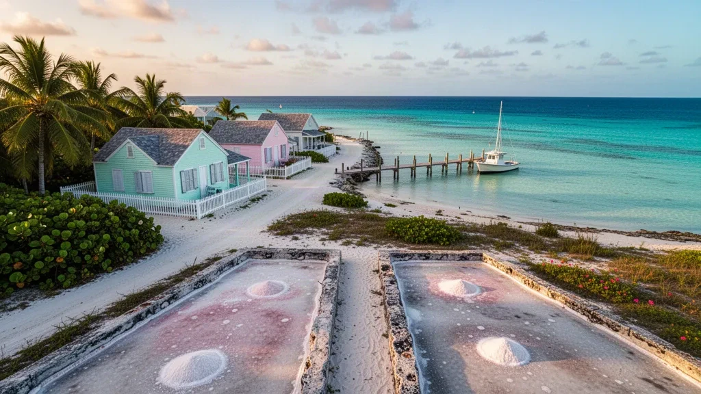 Türkisfarbenes karibisches Wasser und pastellfarbene Salzarbeiter-Häuschen entlang der ruhigen Küste von Salt Cay, Turks- und Caicosinseln