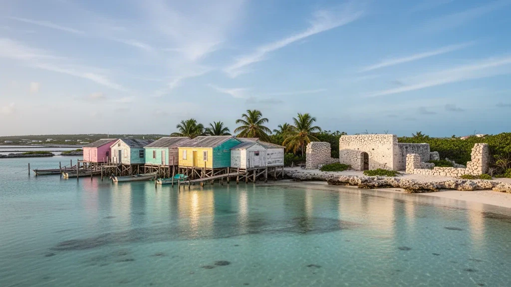 Colorful stilt houses and fishing boats on the turquoise waterfront of Cockburn Harbour in South Caicos, Turks and Caicos Islands