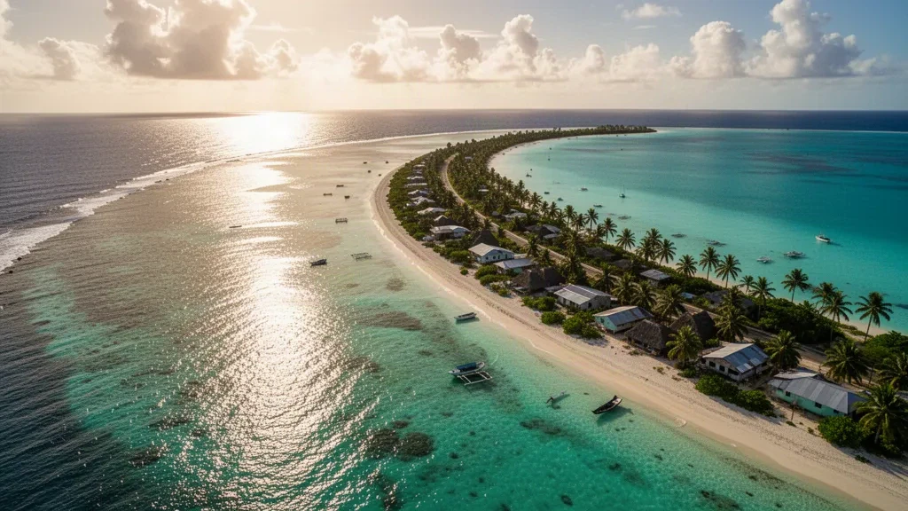 Aerial view of Fongafale islet and the turquoise Te Namo lagoon in Funafuti, Tuvalu, under warm Pacific light