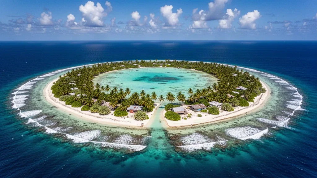 Vue aérienne de l'atoll de Nui aux Tuvalu montrant le lagon turquoise, le bord du récif et les îlots couverts de palmiers dans l'océan Pacifique