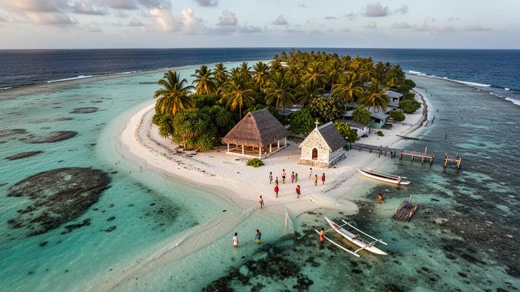 Türkisfarbene Lagune und Kokospalmen des Nukulaelae-Atolls in Tuvalu, mit dem Dorf Fangaua und seiner weißen Korallenkirche entlang der Küste