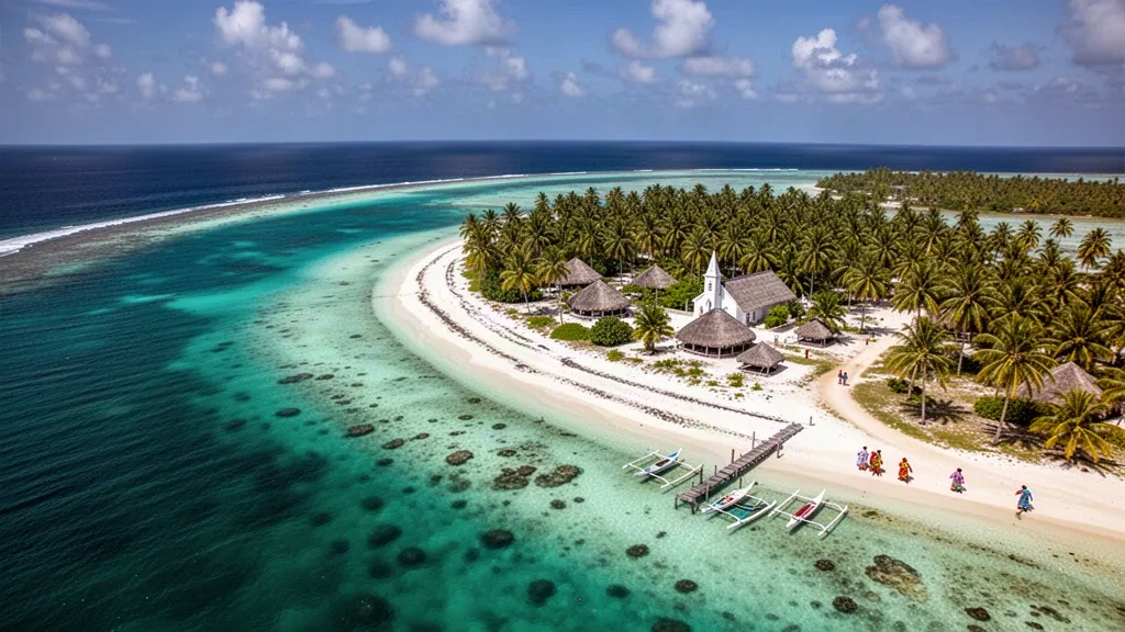 Aerial view of Vaitupu atoll in Tuvalu showing its turquoise lagoon, coconut palm groves and Asau village along the reef edge