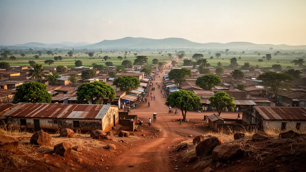 Vista durante la hora dorada sobre Arua, Uganda, desde Arua Hill, con caminos de tierra roja, edificios de techos de hierro y sabana verde más allá