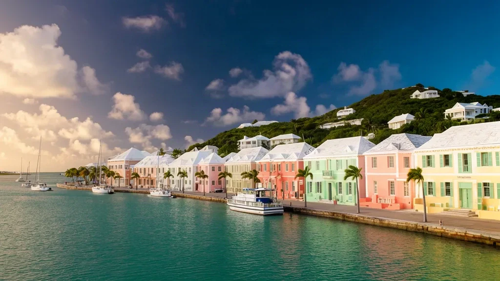 Edificios coloniales pastel frente al mar y veleros blancos a lo largo del puerto de Hamilton en Bermuda bajo una luz dorada de tarde