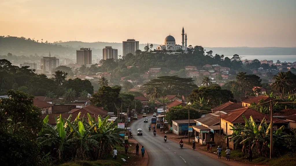 Golden-hour view over Kampala's green hills and skyline in Central Uganda, with rooftops, tropical trees and a hilltop mosque dome