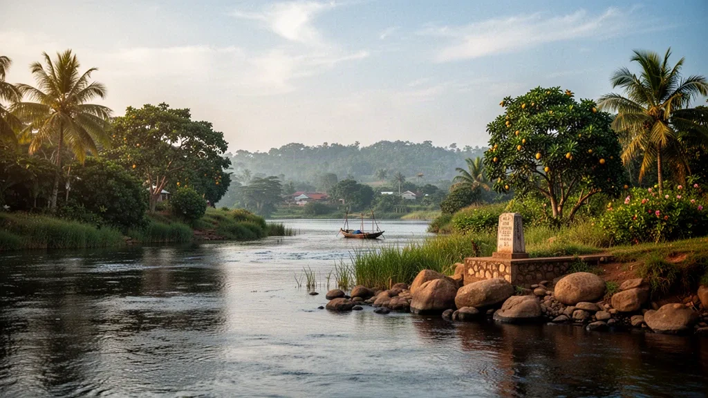 Quelle des Nils bei Jinja, Uganda, wo der Fluss den Viktoriasee zwischen üppig grünen tropischen Ufern verlässt