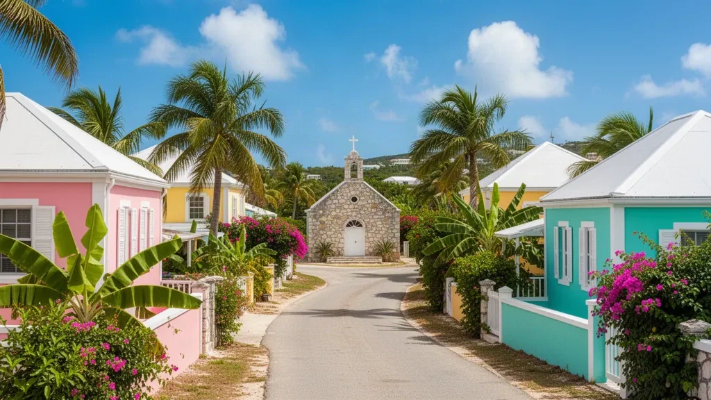 Malerische Ansicht des Dorfes The Quarter in Anguilla, Karibik, mit bunten Häusern, Palmen und einer Steinkirche unter einem strahlend blauen Himmel.