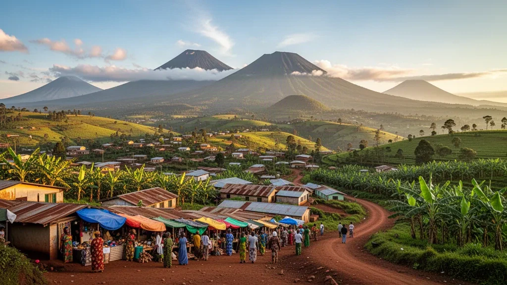 Vista panoramica della città di Kisoro in Uganda con i Monti Virunga e il Monte Muhabura che si ergono sullo sfondo sotto una luce dorata.