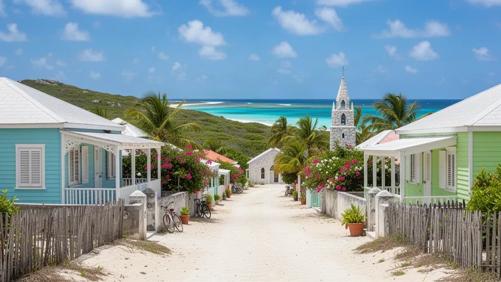Pastellfarbene karibische Häuser, Palmen und tropisches Grün im Dorf The Farrington, Anguilla, mit türkisblauem Meer am Horizont