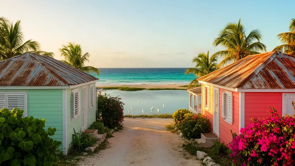 Casas caribeñas en tonos pastel, palmeras y mar turquesa cerca del pueblo de The Farrington en Anguila a la hora dorada