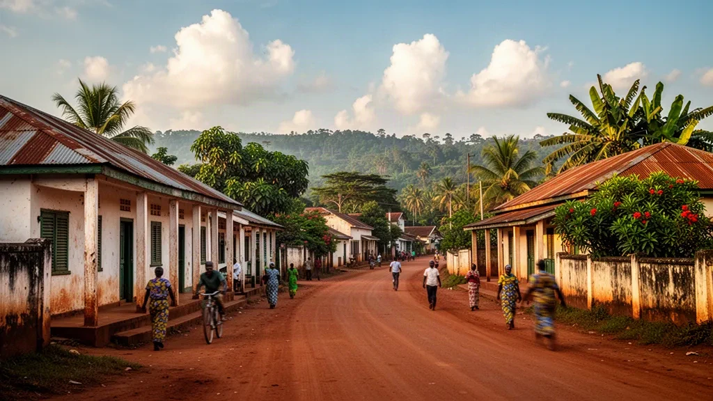 Masindi town street scene in Uganda with historic colonial buildings, red-earth road and lush tropical greenery