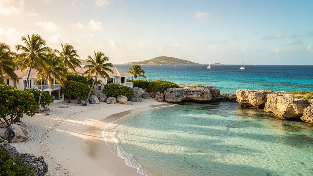 Türkisfarbenes karibisches Wasser trifft auf den weißsandigen Bogen der Meads Bay in West End Village, Anguilla, eingerahmt von Palmen