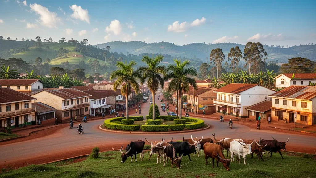 Uganda, Mbarara'nın yamaç sokakları; sıcak öğleden sonra ışığında şehir merkezine yakın otlayan uzun boynuzlu Ankole sığırları