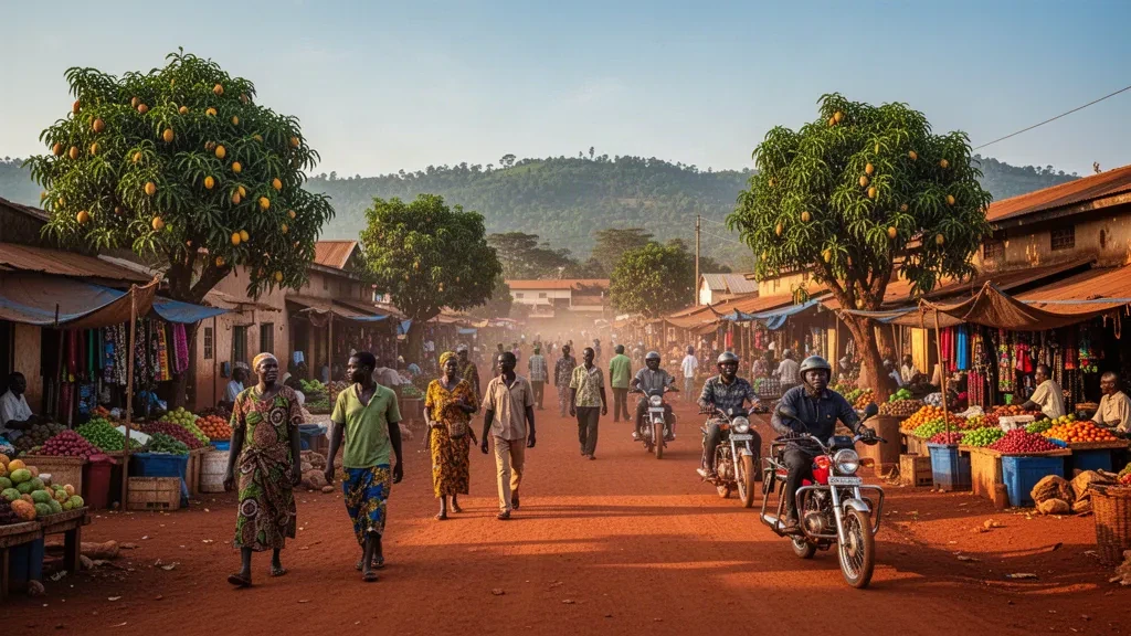 Escena del mercado de la ciudad de Gulu en el norte de Uganda con calles de tierra roja, boda bodas, puestos coloridos y luz de hora dorada.