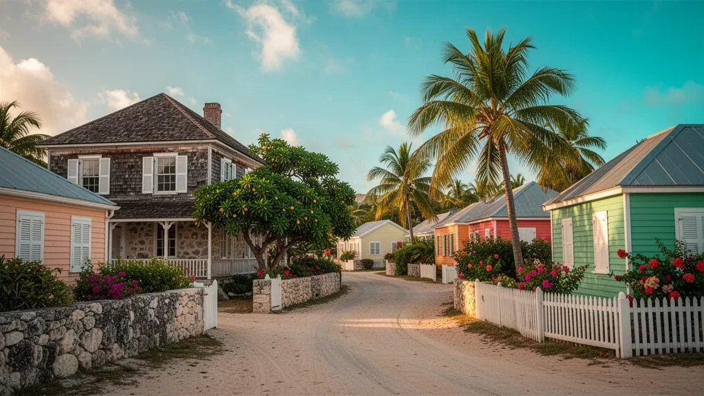 Rue ensoleillée à The Valley, Anguilla, avec des maisons caribéennes aux couleurs pastel, des palmiers et une maison de plantation en bois historique