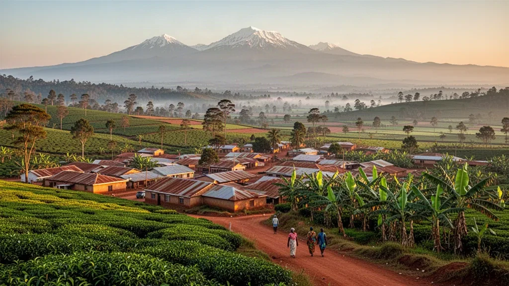 Die Stadt Fort Portal im Westen Ugandas mit dem Rwenzori-Gebirge hinter Teeplantagen und rotem Erdreich in der goldenen Abendstunde