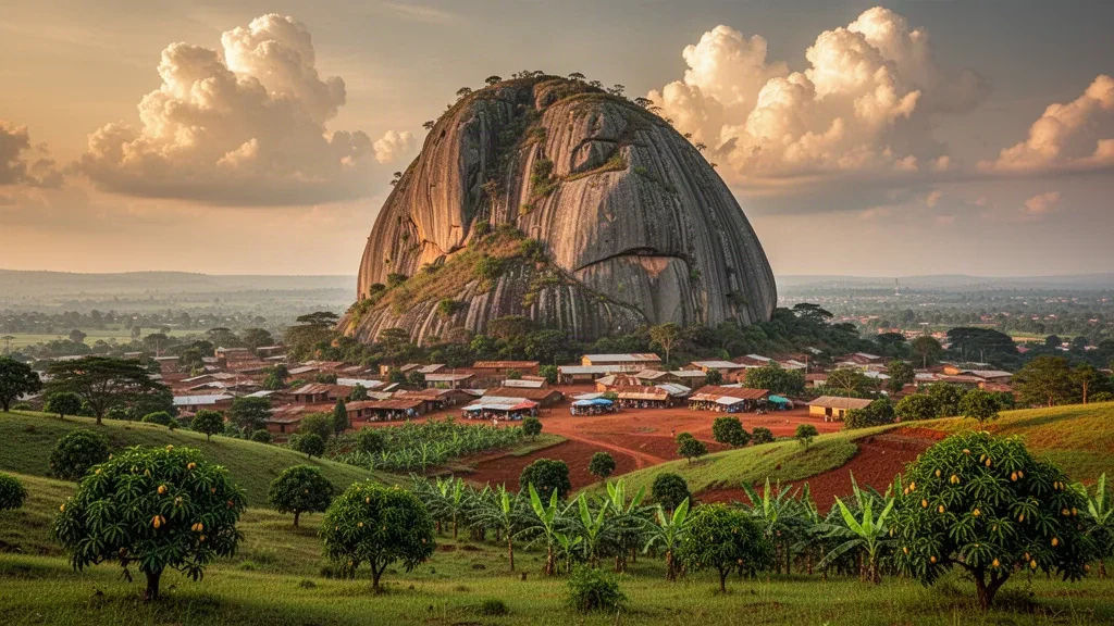 Inselberg de granito de la Roca de Tororo elevándose sobre las colinas verdes y los tejados de la ciudad de Tororo en el este de Uganda bajo una cálida luz vespertina.