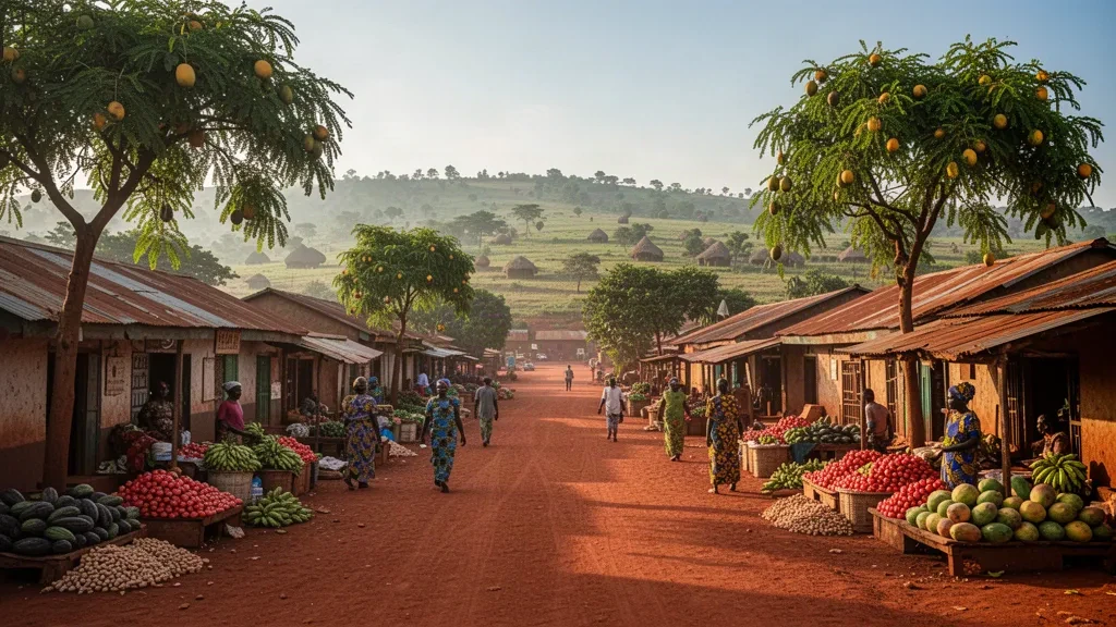 Yumbe, Uganda'da açık hava pazarı sokağı; renkli ürün tezgahları, metal çatılı dükkanlar ve altın rengi öğleden sonra ışığında yeşil savana tepeleri