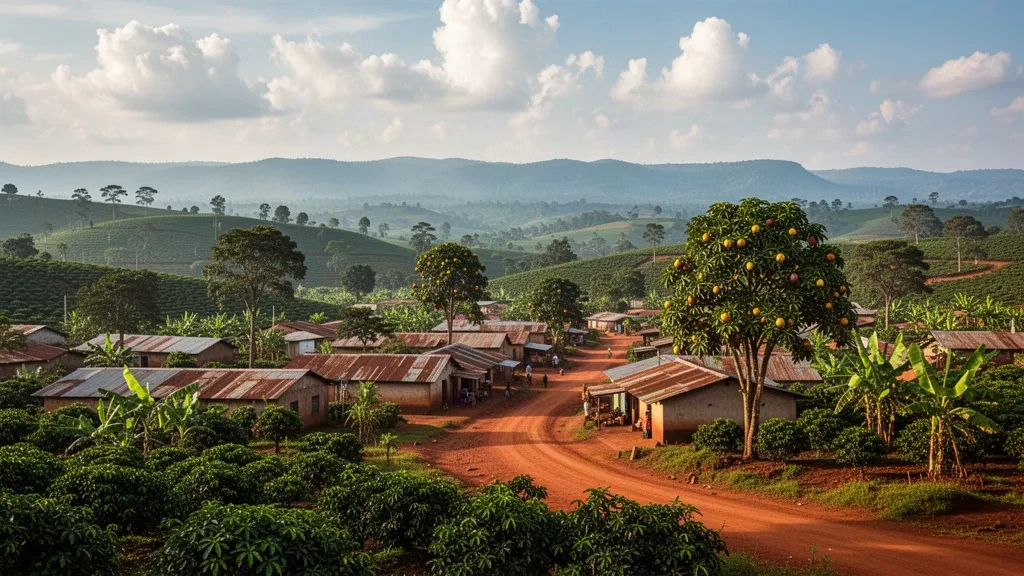 Uganda'nın West Nile bölgesindeki Zombo kasabası çevresinde uzanan yeşil tepeler, kahve plantasyonları ve kırmızı murram yolları