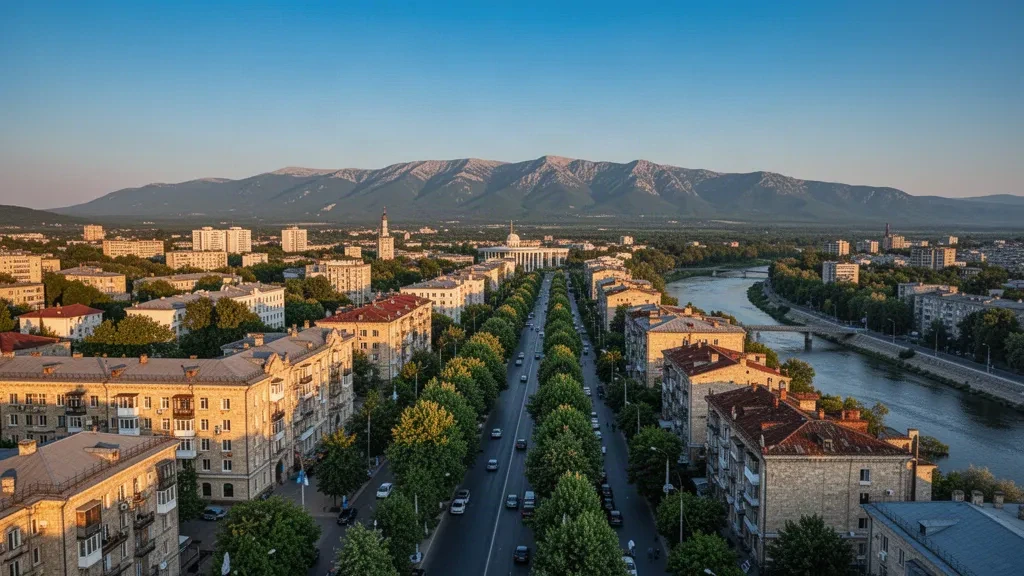 Simferópol, capital de la República Autónoma de Crimea, con bulevares arbolados, el río Salgir y las montañas de Crimea a lo lejos durante la hora dorada.