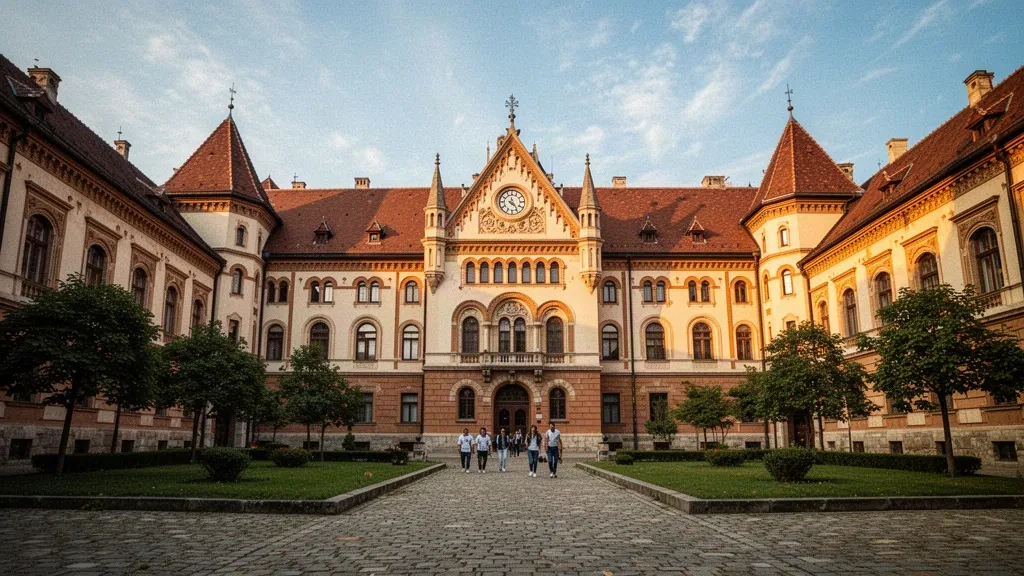 Edifici ornati dai tetti rossi dell'Università Nazionale di Chernivtsi in Ucraina, patrimonio mondiale UNESCO, nella calda luce del tardo pomeriggio