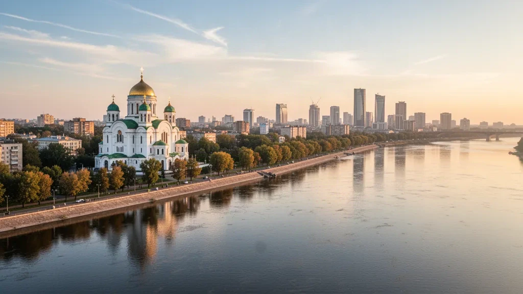 Vista panorámica de Dnipro, Ucrania, con el río Dniéper, la Catedral de la Transfiguración y el paseo fluvial de la ciudad a la hora dorada.