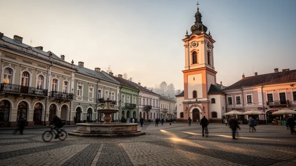 Golden-hour view of Ivano-Frankivsk town hall tower and historic Rynok Square facades in western Ukraine