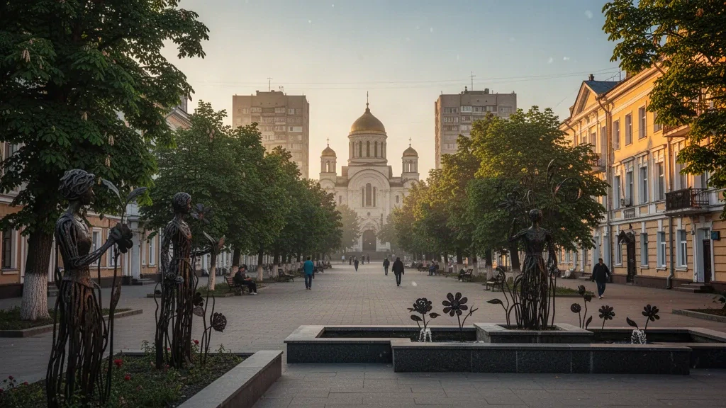Viale Pushkin nel centro di Donetsk, Ucraina, fiancheggiato da alberi di castagno e sculture in metallo forgiato durante l'ora d'oro