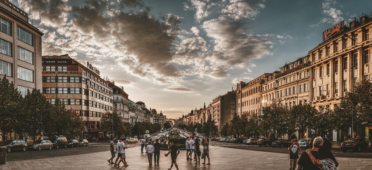 prague, wenceslas square, nature, city, buildings, urban, outdoors, square, tourists, people, capital, sunset, abendstimmung, panorama, czech republic