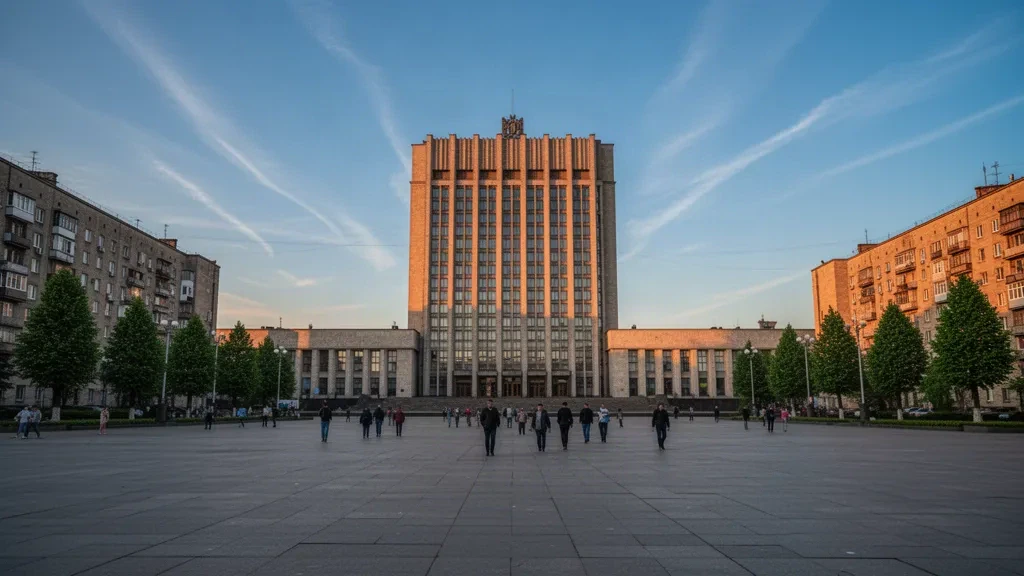 Derzhprom building on Freedom Square in Kharkiv, Ukraine, lit by golden-hour sun with pedestrians crossing the wide plaza