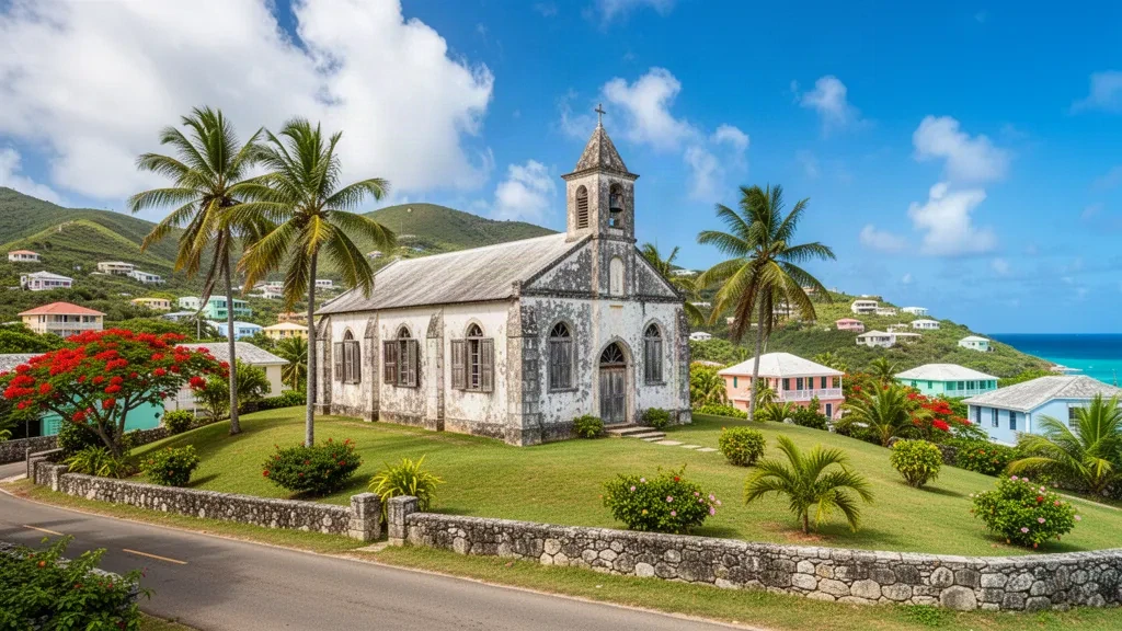 Historic St. George's Anglican Church amid tropical hills in Fitches Creek, Saint George Parish, Antigua and Barbuda