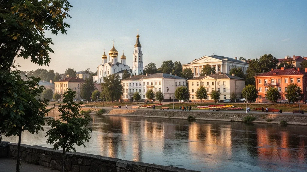 Blick zur goldenen Stunde auf Chmelnyzkyj, Ukraine, vom Ufer des Südlichen Bugs aus, mit der Skyline der Stadt und der goldenen Zwiebelturm-Kathedrale jenseits des Wassers.
