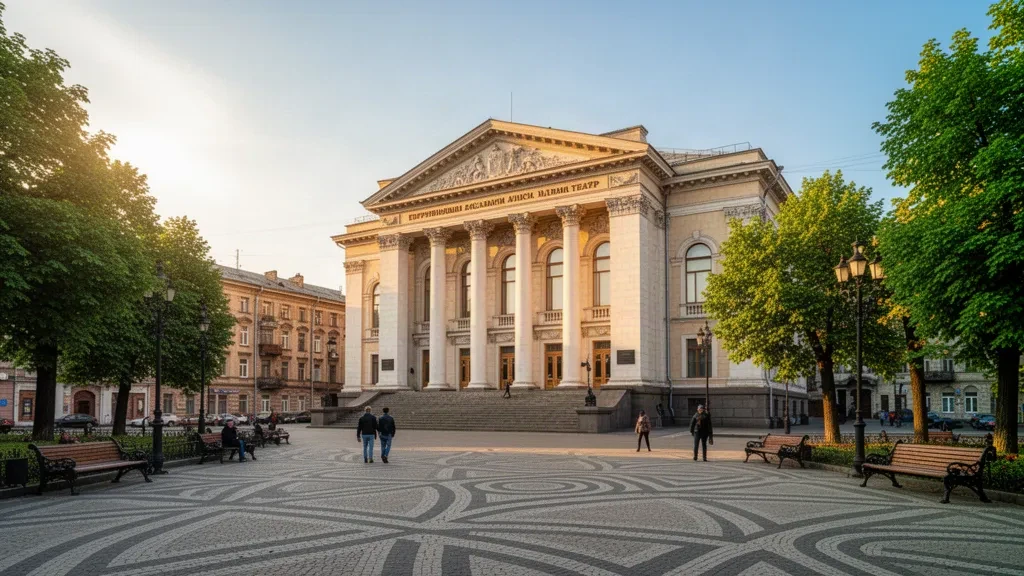 Historic Kropyvnytskyi drama theatre in central Ukraine, with neoclassical columns and a lively city square in warm afternoon light.