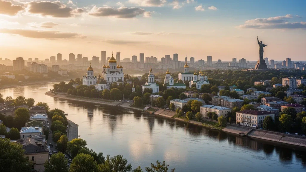 Veduta di Kyiv, Ucraina, durante l'ora dorata, con la Cattedrale di Santa Sofia, il fiume Dnipro e il Monumento alla Madrepatria sullo sfondo dello skyline della città.