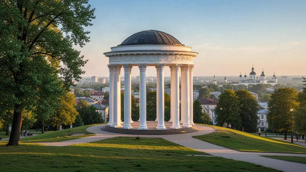 Colonnade de la Rotonde blanche dans le parc Korpusnyi, Poltava, Ukraine, baignée d'une lumière dorée chaleureuse à l'heure dorée