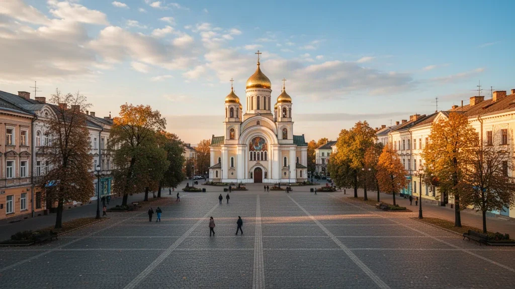 Veduta dell'ora d'oro di Piazza dell'Indipendenza a Rivne, Ucraina, con architettura storica, alberi autunnali e pedoni.