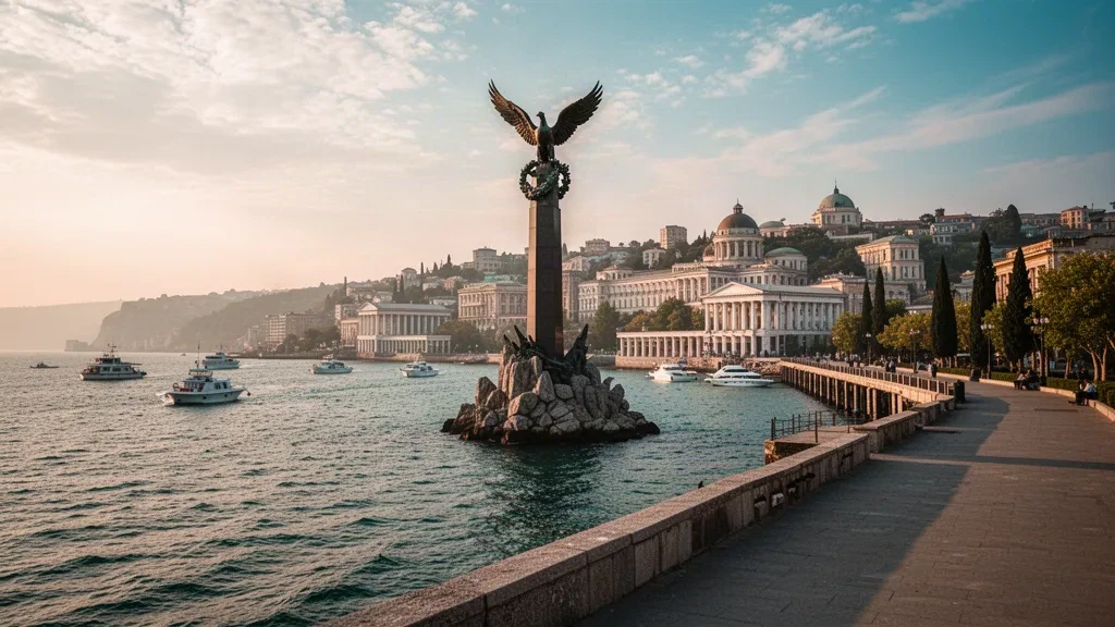 Monument aux Navires sabordés s'élevant de la baie de Sébastopol au coucher du soleil, avec le quai du front de mer et le littoral urbain en arrière-plan