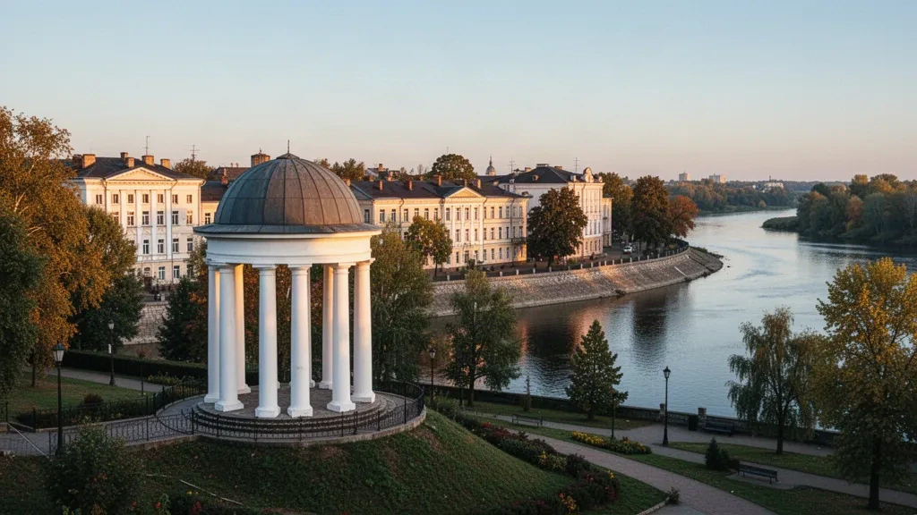 Gazebo Altanka sopra il fiume Psel a Sumy, Ucraina, incorniciato da storici edifici dai colori pastello e alberi autunnali nella calda luce pomeridiana