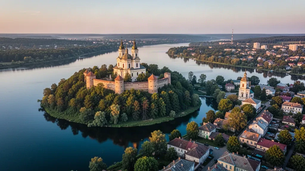 Luftaufnahme von Ternopil, Ukraine, zur goldenen Stunde mit historischem Schloss, See und Kathedrale der Unbefleckten Empfängnis.