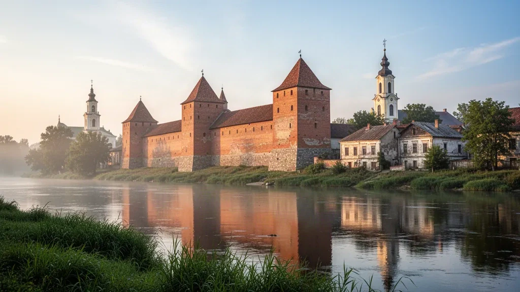 El castillo de Lubart en Lutsk, Óblast de Volyn, Ucrania, con sus muros de ladrillo y torres elevándose sobre el río Styr durante la hora dorada