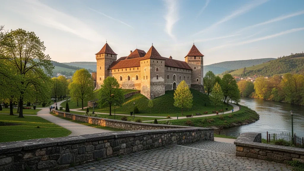 Castello di Uzhhorod in Transcarpazia, Ucraina, visto dal parco del fiume Uzh durante l'ora d'oro